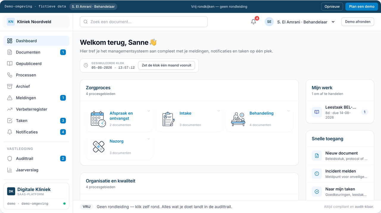 Statisch voorbeeld van de demo-omgeving — het dashboard van Digitale Kliniek zoals behandelaar Sanne El Amrani het ziet.